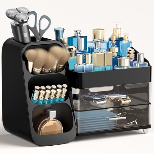 Image of HBlife Cologne Organizer for Men Makeup Organizer with Brush Holder for Vanity, Large Plastic Bathroom Countertop Organizer Skin Care Storage, Fathers Day Gift for Dad Husband, Black