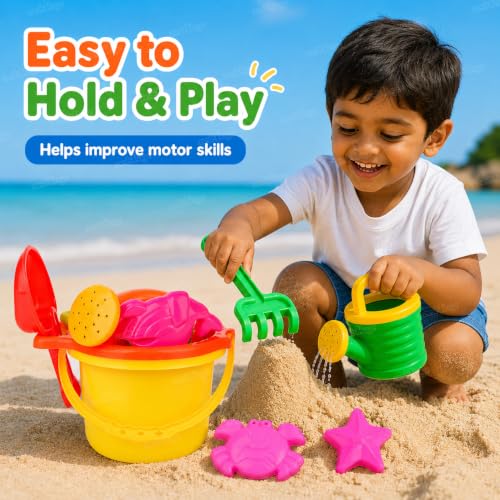 Image of Zest 4 Toyz Beach Toy for Kids | 7 pcs Sand Bucket, Spade, Rake, Watering Can, Moulds & Sifter | Outdoor Garden & Beach Play Toy Kit for Boys & Girls Age 3+ (Random Color)