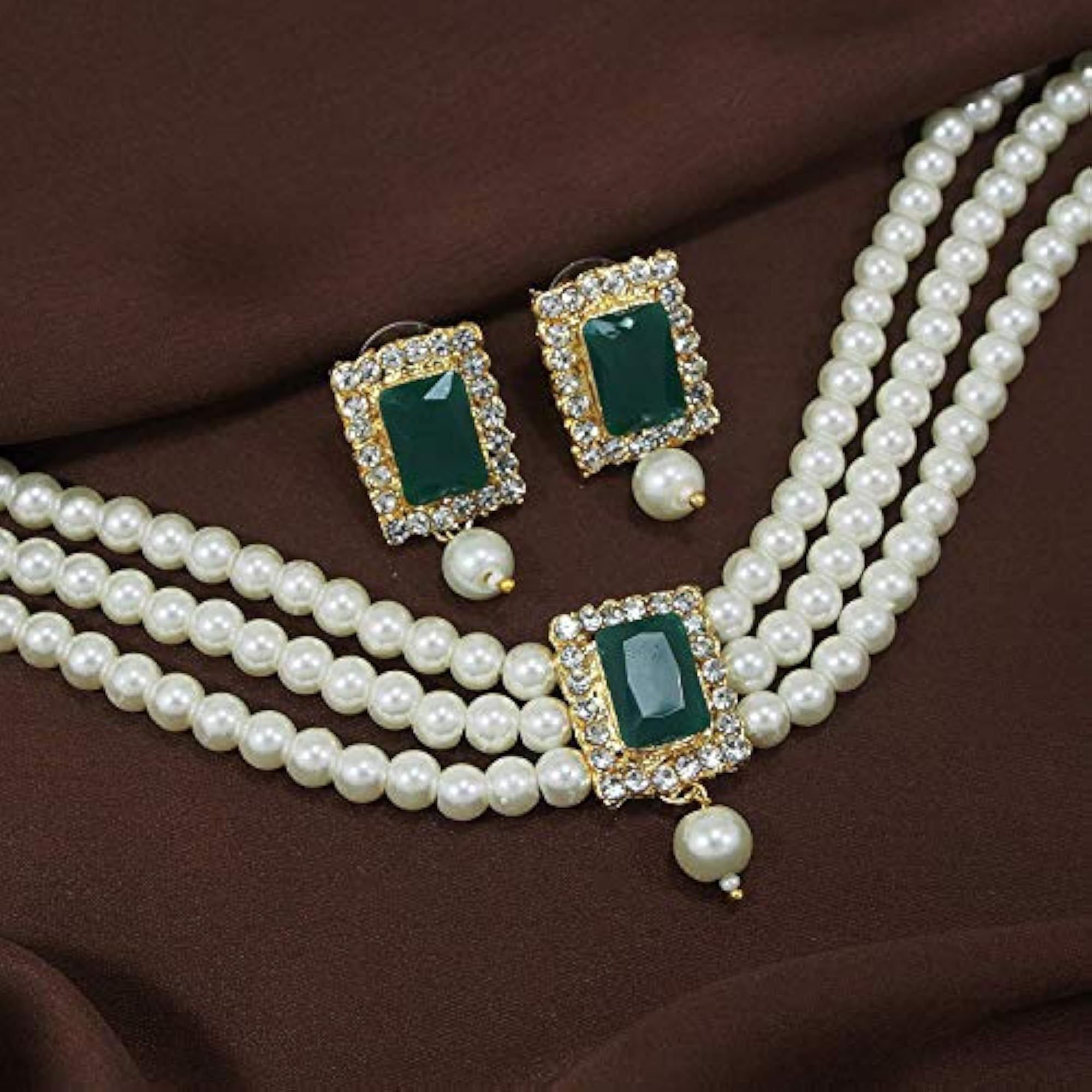 Traditional Stone Pearl Choker Necklace Set (ML237G)