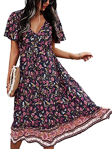 TEMOFON Women's Dress Summer Bohemian Floral Printed Short Sleeve V-Neck Beach Party Casual Maxi Dresses Dark Blue S