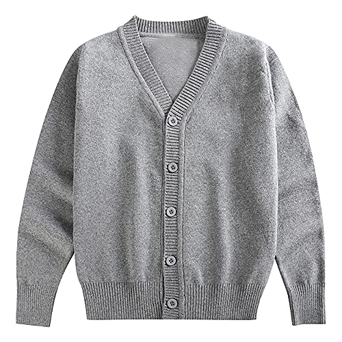 ABALACOCO Boy's Unisex Cotton V-Neck School Uniforms Top Shirt Cotton Long Sleeve Cardigan Sweater (Light Grey, 9-10T)