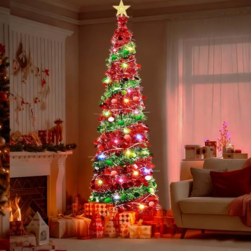 1.5M/5FT Pop Up Christmas Tree Folding Christmas Tree Artificial Christmas Tree with Stand Glittering Perfect Decorations for Birthdays Parties Houses Apartments Fireplaces (Red GreenSequin)