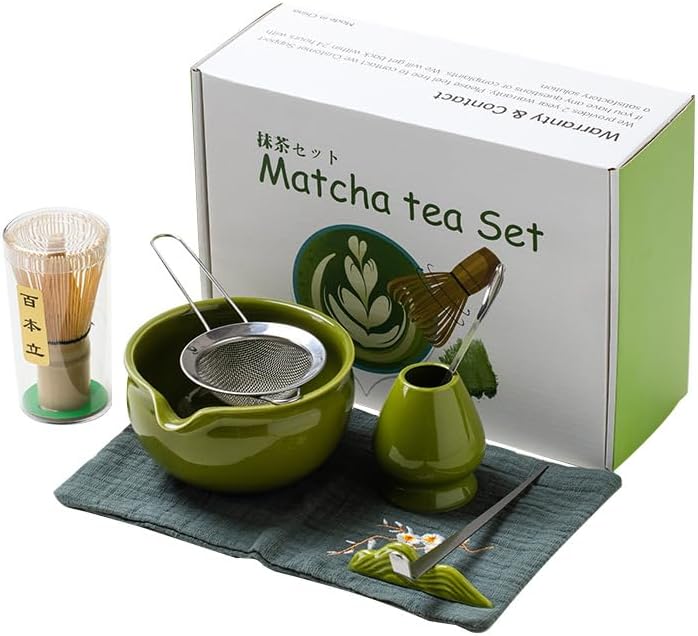 Matcha Green Japanese Matcha Tea Set of 7 Ceremony Matcha Kit with Matcha Bowl(Chawan)with Pouring Spout,Matcha Whisk (Chasen),Scoop (Chashaku),Ceramic Whisk Holder,Scoop Stand,Sifter,Tea Napkin AM010