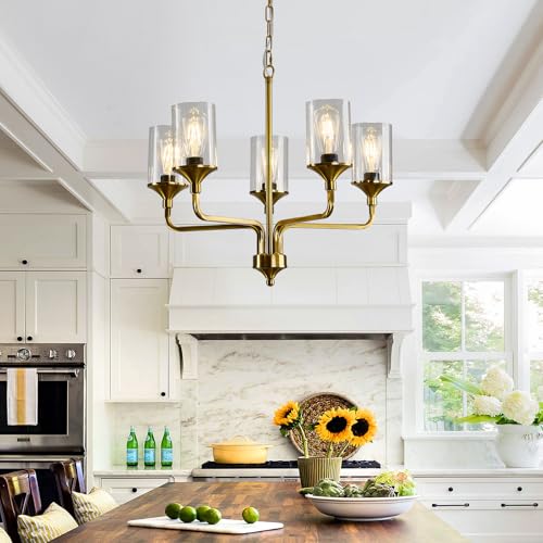 Image of Gold 5-Lights Glass Chandelier Rustic Metal Pendant Lighting Ceiling Light Fixtures Hanging for Farmhouse Kitchen Living Room Foyer Dining Room.