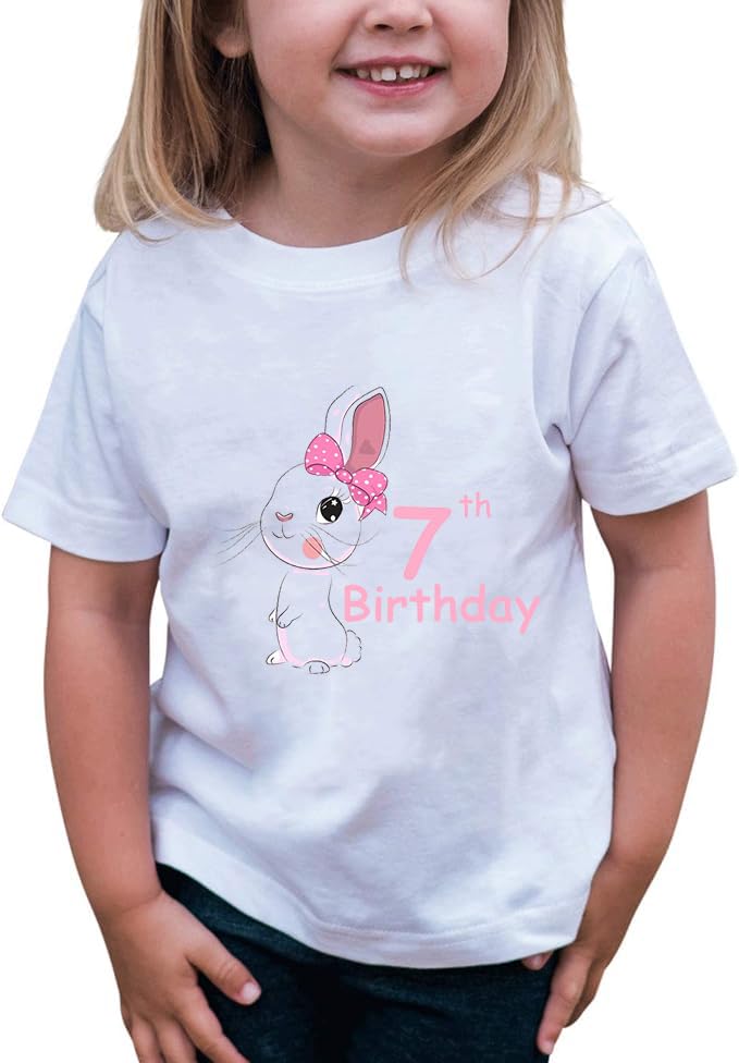 7th Birthday Shirt for Girls, 7th Birthday Dress for Girls, 7th Birthday T Shirt for Girls 7 Year Old Birthday Gift for Girls 7th Birthday Outfit Decoration Rabbit with Bow Birthday Clothes for Girls2