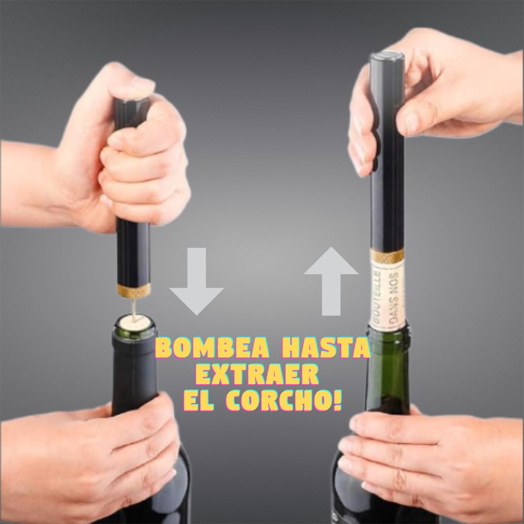 Abridor de Botellas y Sacacorchos Profesional en Acero Inoxidable | Sistema de Bombeo a Presión de Aire | Abrebador de Vino con Sistema de Bombeo | Fácil de Usar y Duradero