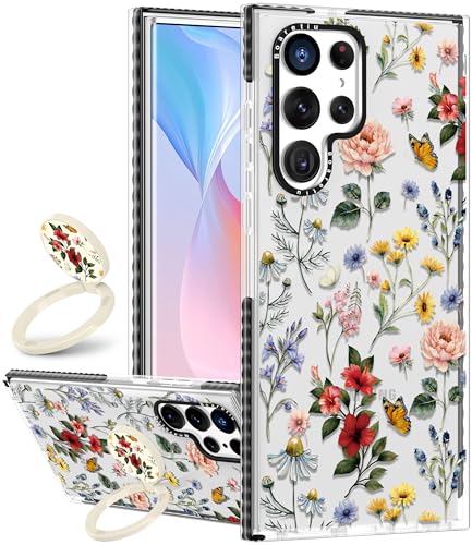 Boaretiu Cute Kawaii Case for Samsung Galaxy S24Ultra Phone Case with Kickstand - Fashion 360° Sticky Rotate Ring Holder Design for Women Girls Girly for Samsung Galaxy S24Ultra Case, Retro Flower