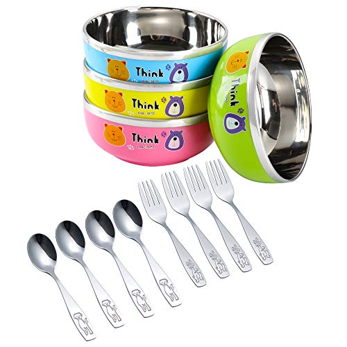 Baby Bowl Spoon Fork Set 4 PackStainless Steel Toddler Feeding Bowl Dishes with Silverware Cutlery for Kids Children BPA Free Baby Utensils Set Flatware for SnackCerealSoupRice4Pack-Silver