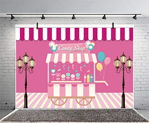 Leyiyi 5x3ft Candy Shop Photography Background Sweet Cart Pink and White Stripes Ballons Lollipop Candy Cane Icecream Street Light Backdrop Kids Birthday Wedding Party Photo Portrait Vinyl Studio Prop