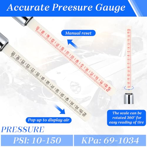 Image of Yunsailing 20 Pcs 10 Pcs Dual Head Tire Pressure Gauge Heavy Duty Truck Tires Air Pressures Gauges with Hook Range 10-150psi, 0.7-10.3bar for Semi Trucks Car Bus Rv Van (Silver)