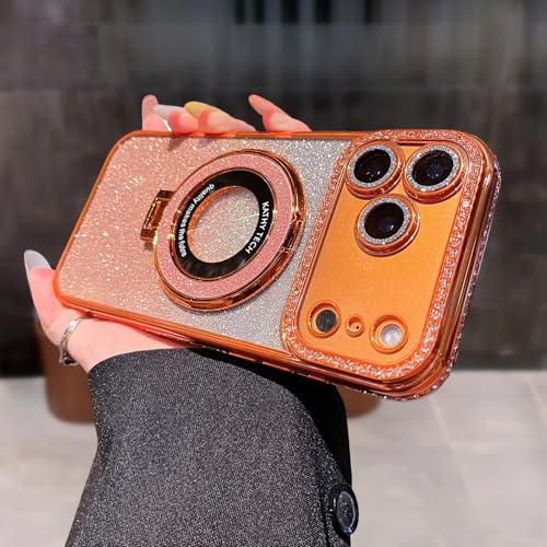 LXK Magnetic Stand for iPhone 17 Pro Max Case [Compatible with Magsafe][Built-in Camera Lens Protector] Glitter Bling Card & Soft TPU Diamonds Bumper Protection Cover for Women Girls, Cosmic Orange by LXK - Used condition - US$18.02