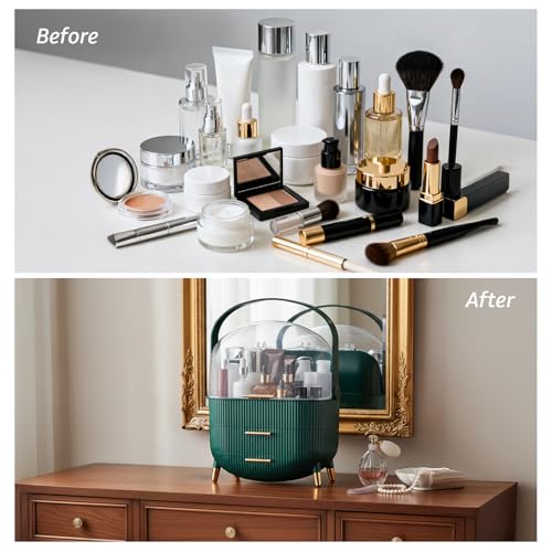 Image of Amazon Basics Glossy HIPS+PS Cosmetic Storage Organizer | 28.6 x 18.5 x 37 cm | 3 Compartments | Waterproof & Dustproof Lid | Green