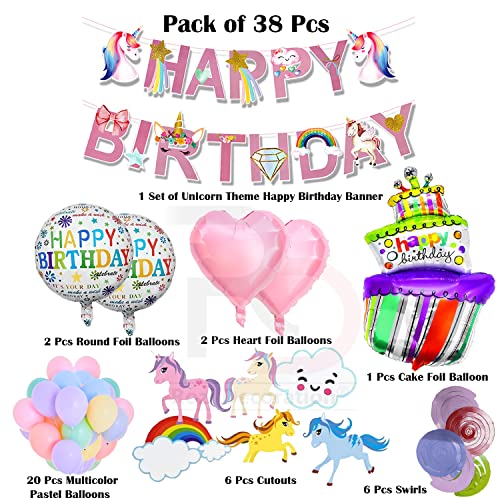 Image of Rozi Decoration Unicorn Theme Birthday Decorations Kit for Kids, Boys, Girls Birthday Decorations | Swirls for Party Decor | Unicorn Balloons Decorative Items Pack of 38 Pcs