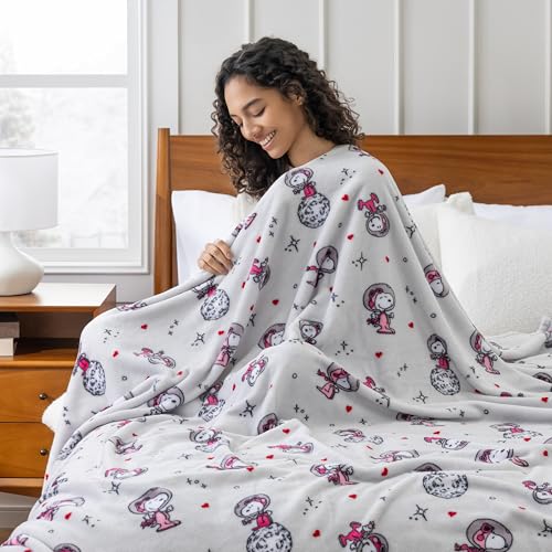Image of Berkshire Peanuts VelvetLoft Cute Character Snoopy Plush Throw Blanket,Over the Moon for You Light Grey,Throw 55 in x 70 in (Official Peanuts Product)
