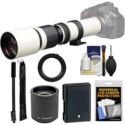 Vivitar 500mm f/8.0 Telephoto Lens (T Mount) (White) with 2X Teleconverter (=1000mm) + EN-EL14 Battery + Monopod + Kit for D3300, D3400, D5300, D5500, D5600