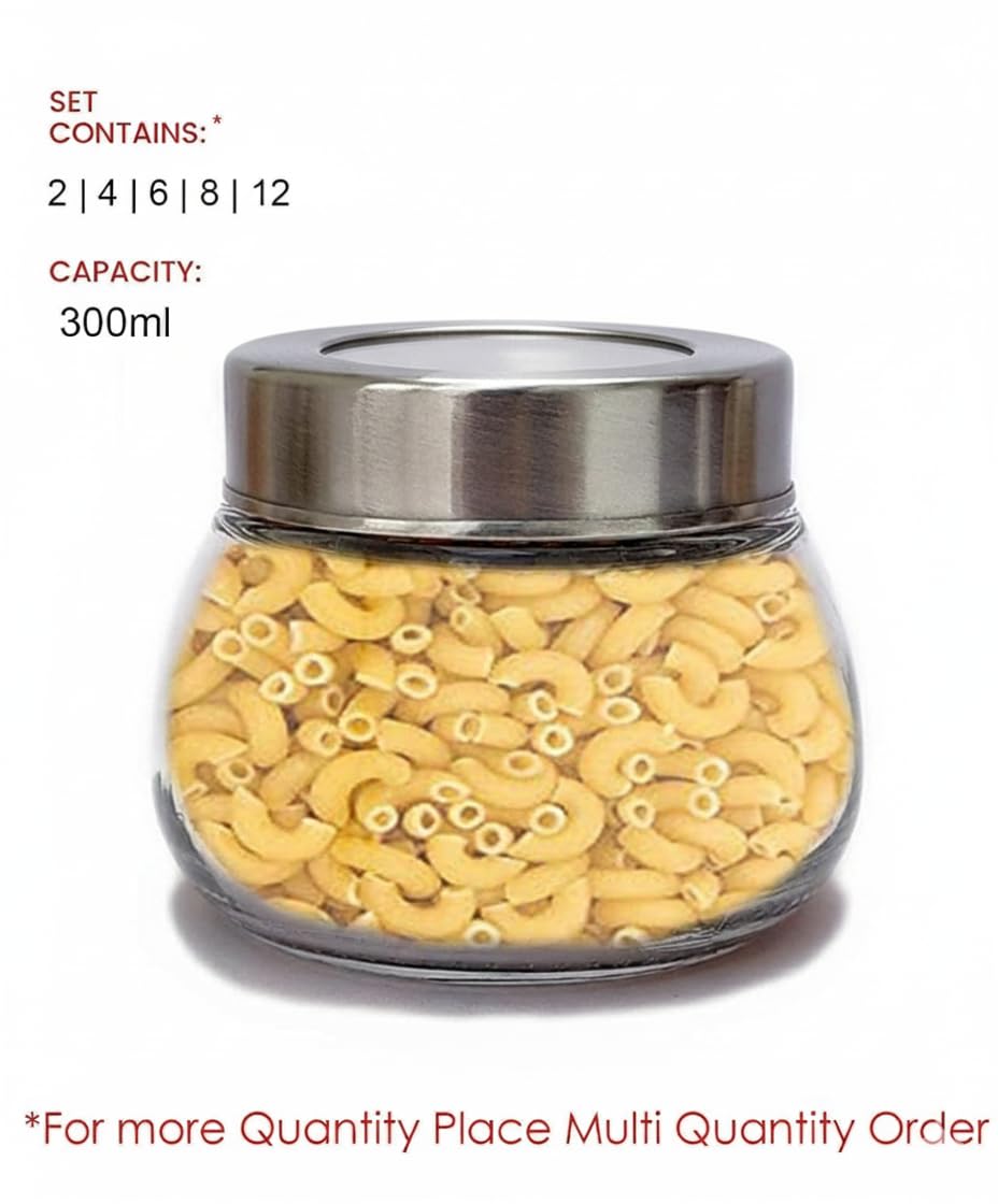 Brezzycloud Tarros de cristal ovalados de 300 ml con tapa hermética de acero inoxidable, adecuados para usar en tu oficina en casa, almacenamiento de cocina/tarros de vidrio para cocina, tarro de