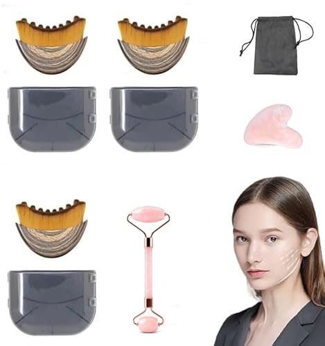 Grillix 3 Pezzi Spazzola per Massaggio Linfatico Viso con Set di Rullo di Giada, Lymphatic Face Brush con Coperchio, Spazzola Viso a Secco Setole Naturali(Una 1 Borsa Portaoggetti)