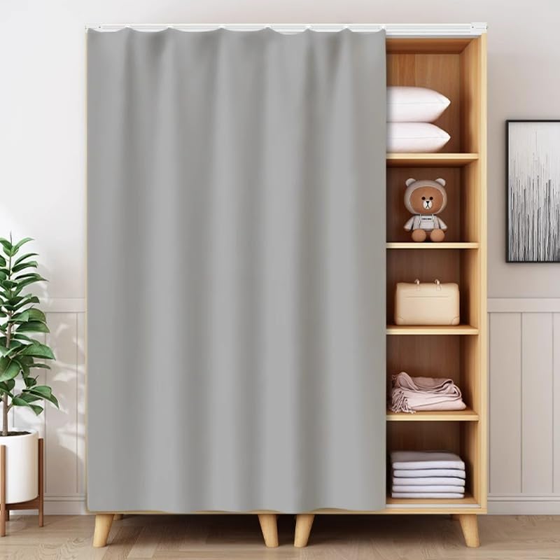 Rideau de placard avec rail coulissant sans perçage pour étagère gris clair 110x190cm