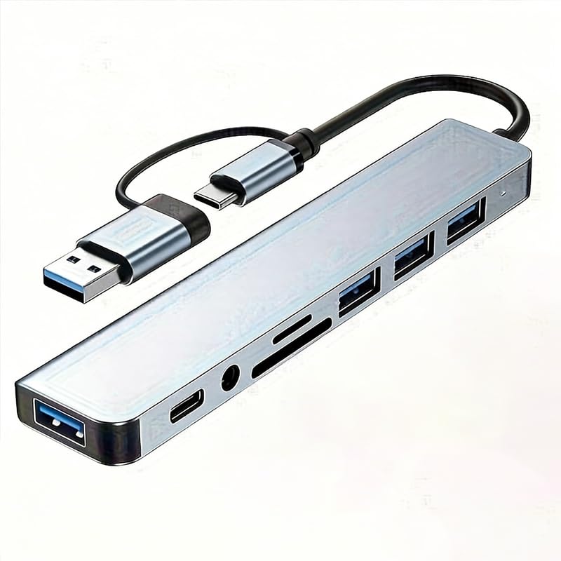 8-in-1USB C hub with SD TF Card Reader USB-A B C Ports and 3 5mm Audio Jack-Portable Aluminum