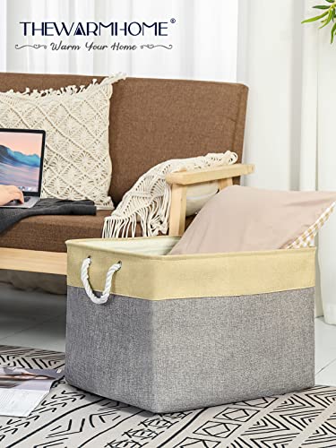 Thewarmhome Fabric Storage Basket Cloth Storage Bin Decorative Basket With Cotton Rope Handles Dog Toy Shelf Basket Closet For Home Office Books(Gold&Grey,Extra Jumbo-1Pack,20.5L×15.7W×13.8H) #TOP1