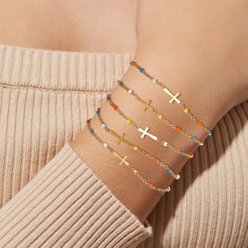 COLOYAN 9pcs Cross Bracelets for Women 18K Gold Plated Cross Bracelet Colored Adjustable Stainless Steel Faith Bracelet Jewelry 5