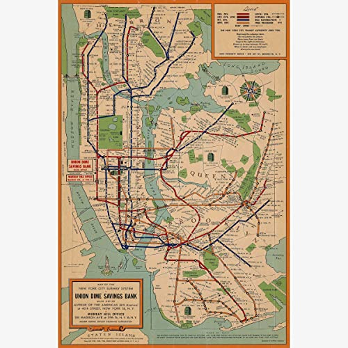 Nyc Subway Map Historical Reproduction - Transportation System - Created By Union Dime Savings Bank In 1954 - Made To Order - 16 X 24 Inches #TOP10