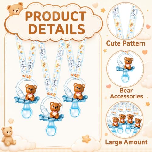 Image of Coume 60 Pcs Baby Shower Party Pacifiers Necklace Bear Bottle Acrylic Pacifiers Charm Pacifier Chain for Guests Gender Reveal Party Favors Prize Table Scatter (White,Blue,Cute)