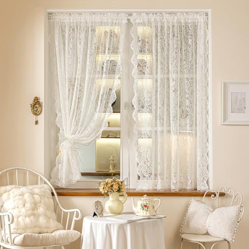 UNISTAR Lace Sheer Curtains for Livng Room Luxury Vintage Floral Lace Curtains for Bedroom Room Divider Closet Door Curtains Rod Pocket 55 W x 63 L Inch,White (1 Panel)