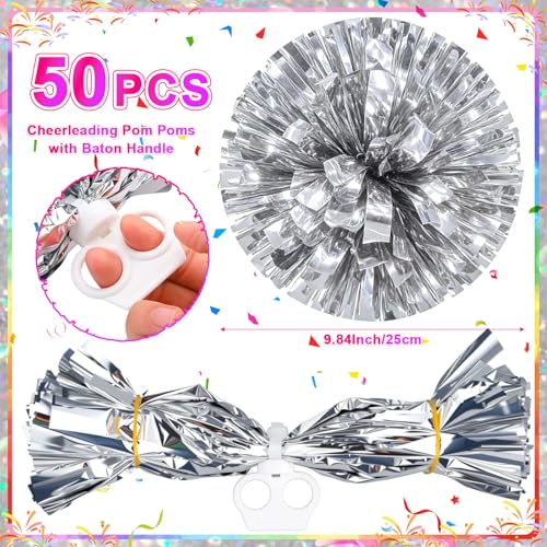 image for Norme 50 Pcs 10 Inch Cheerleading Pom Poms Bulk with Finger Ring Metal