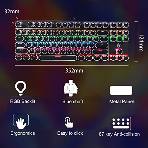 Image of HJK917 USB Wired Mechanical Gaming Keyboard, Blue Axis 87 Round Keys, RGB LED Backlit, Waterproof, Typewriter Style, Ergonomics, Easy to Hit, Compatible with PC /Laptops /Windows for Work /Game (Black)