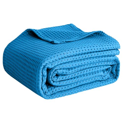 100% Cotton Blankets for Bed - Waffle Weave Blankets for Summer, Lightweight and Breathable Soft Woven Blanket for Spring (Aqua, Throw (50" x 60"))