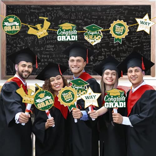 Image of 2026 Graduation Party Decorations - 24 Pcs Class of 2026 Congrats Grad Table Centerpieces Graduation Table Decorations Sticks Table Toppers for Graduation Party (Green Gold)