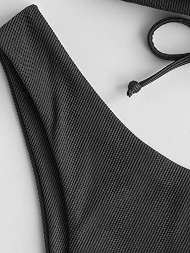 ZAFUL Women's Strapless Bandeau Bikini Top Ribbed V Wired Lace Up Ruffle Tie Swimsuits Bathing Suits Only Top4