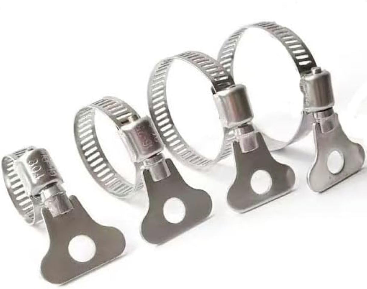 16-Piece Assorted Pack of 304 Stainless Steel Hose Clamps - Adjustable Thumbscrew Key Clamps (6-12mm, 10-16mm, 16-25mm, 21-38mm, 4 each) T-Bolt Clamp; Worm Clamp; Band Clamp