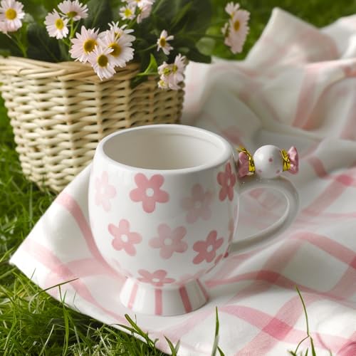 Image of DIF DECO Ceramic Mug Cute Candy Shape, Unique Holiday Mug with Handle Hot Cocoa Cup Perfect for Tea & Coffee Lovers, Gifts for Family Friends or Children 12 OZ (Pink Flowers)