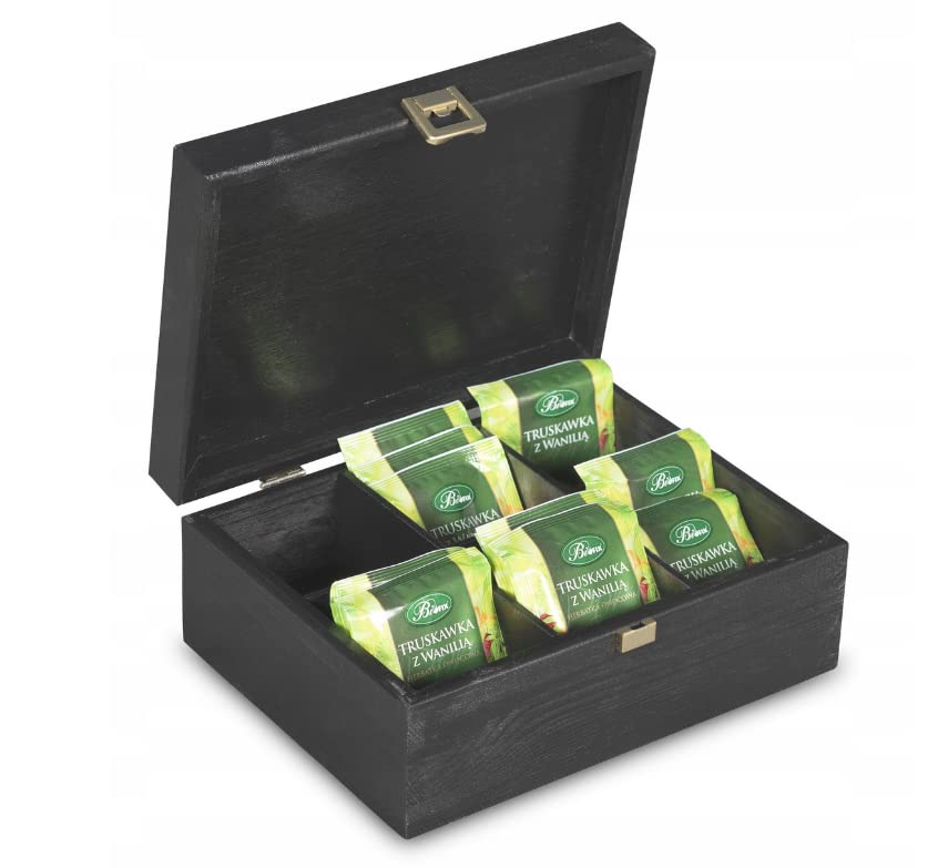 Pine Wood Solid Wooden Box Storage Tea Bags Organiser 6 Removable Dividers Kitchen Caddy Black Chest with Lid Hasp Teas