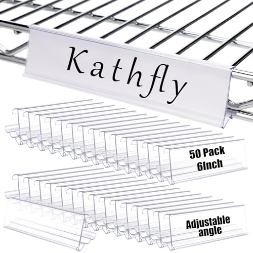 Image of Kathfly 50 Pack Wire Shelf Label Holder 6 inch Adjustable Shelf Cable Tags | for Wire Shelving 3 Viewing Angles Clear Plastic Rack Label Holder Retail Clips Compatible with 1-1 /4in Metro Shelving