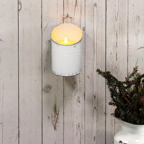 Image of CVHOMEDECO. Vintage Galvanized Can Flameless LED Candle, Real Wax in Antique Galvanized Jar Flickering Candle with Remote Control for Tabletop Wall Decor. H 8 Inch, Cream