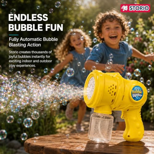 Image of Storio Automatic Bubble Gun for Kids, Rechargeable Electric Bubble Machine with Solution, One Touch Bubble Blower Toy for Indoor Outdoor Party, Gift for Toddlers Boys Girls - Yellow