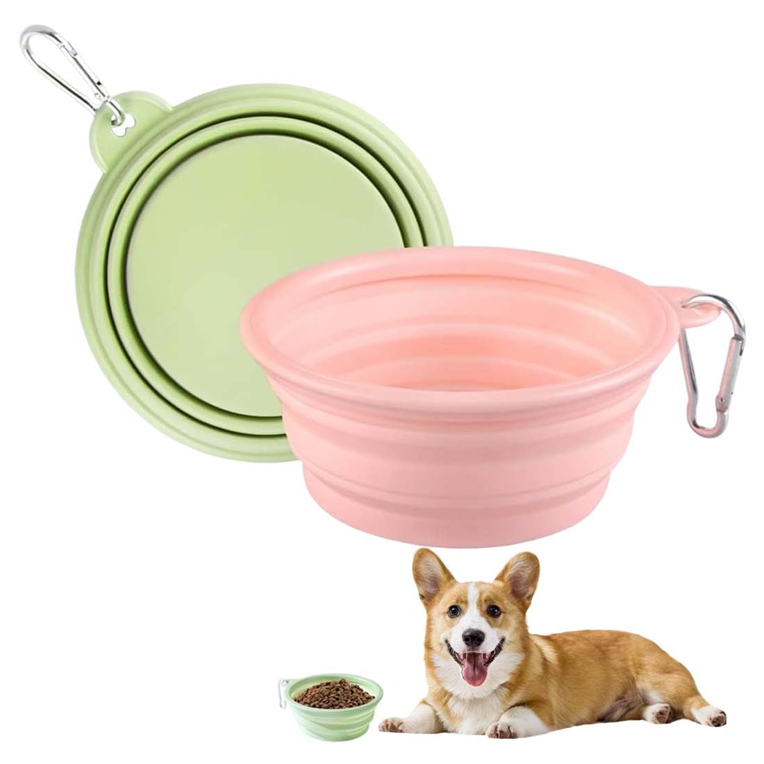 Foldable Bucket for Pets 2 Units Feeder Drinker Silicone 350 ml Travel Portable BPA Free Dishwasher Colours Pink and Green
