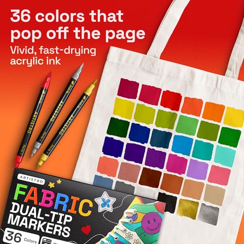 Image of ARTISTRO 36 Dual-Tip Fabric Markers Decorating Kit, Permanent for Clothes | Brush & Fine Tip, Acrylic Paint Pens for Sneakers, Bags, Shoes, Textiles, Canvas, Sewing, Craft, & DIY