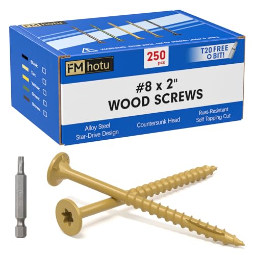 Image of #8 x 2 inch Deck Screws, 250Pcs Star Drive Wood Screws, Rust Resistant Timber Screws for Timber /Log /Landscaping Wood, T20 Star Bit Included, Yellow