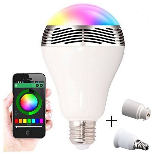 WanEway Ampoule sans fil Bluetooth Speaker LED Smart Night Light avec l'APP libre contrôlé ?Lampe Bluetooth Haut-parleur, 2 en 1 Ampoule Smart Haut-parleur, Haut-parleur Stéréo Bluetooth 4.0, E27 LED Ampoule Colorée, Luminosité Réglable, Livré avec Socket Converter pour deux Baïonnette B22 BC et Edison à vis E27 ES E14 SES Socket