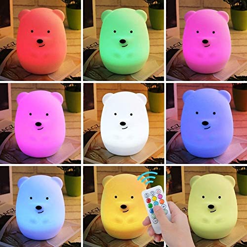 Image of Animal-Shaped Night Light, Rechargeable LED Soft Silicone (BPA Free) Bedside Lamp for Children /Adults, Adjustable Brightness and 9 Colors by Touch Control & Remote Control (Big Bear)