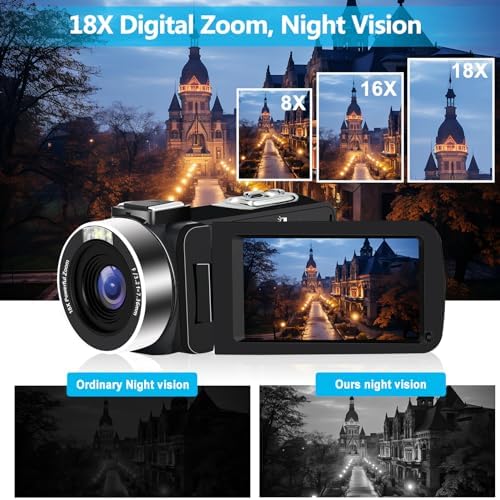 4K Video Camera Camcorder 48MP 30FPS IR Night Vision WiFi Camera Recorder, 18X Digital Zoom 3" Touch Screen Vlogging Camera for YouTube with Microphone, Lens Hood, Stabilizer, Remote Control