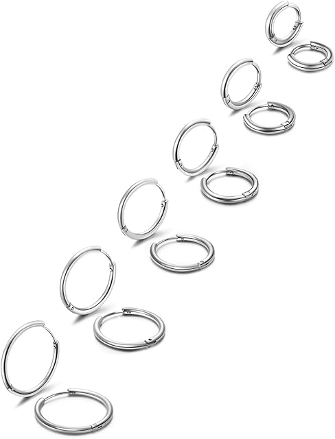 JOVIVI Black Helix Hoop Earrings Cartilage Tragus Nose Ring Hoops Men Women Small Hinged Sleeper Hoop Earrings Piercing Jewellery Set,6pairs,SIZE 6-16mm