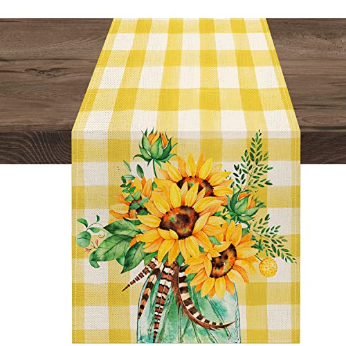 Spring Table Runner 13X72 Inches Long,Buffalo Plaid Sunflowers In Mason Jar Table Runner For Home Kitchen Dinning Room Holiday Party Coffee Table Decoration For Summer Indoor Outdoor Anniversary #TOP4