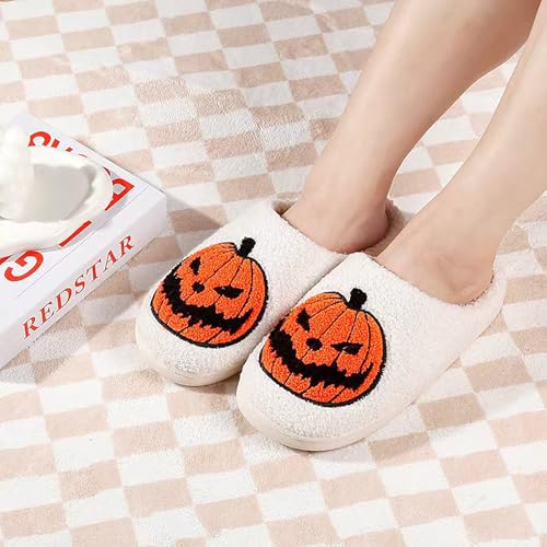 Image of Halloween Pumpkin Slippers for Womens Mens Plush Warm Spooky Lantern Pumpkin Slippers House Shoes
