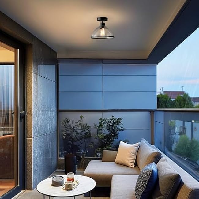 GLOBE Electric 60000121 1-Light Outdoor Flush Mount Ceiling Light, Matte Black, Seeded Glass Shade, Weather Resistant, Indoor