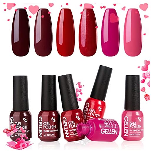 Gellen Gel Nail Polish Set - Glamour Reds Magenta Maroon Trend Nail Gel 6 Colors - Soak Off Gel Polish Nail Art Home Gel Manicure Kit